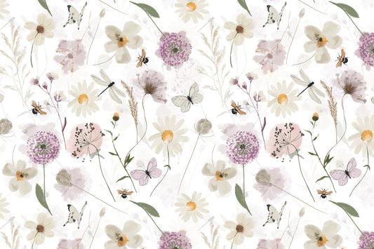 Scandinavian Watercolor Meadow Flowers with Bees and Butterflies Wall Mural