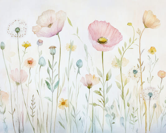 Scandinavian Watercolor Meadow Poppies with Gentle Wildflowers Wall Mural
