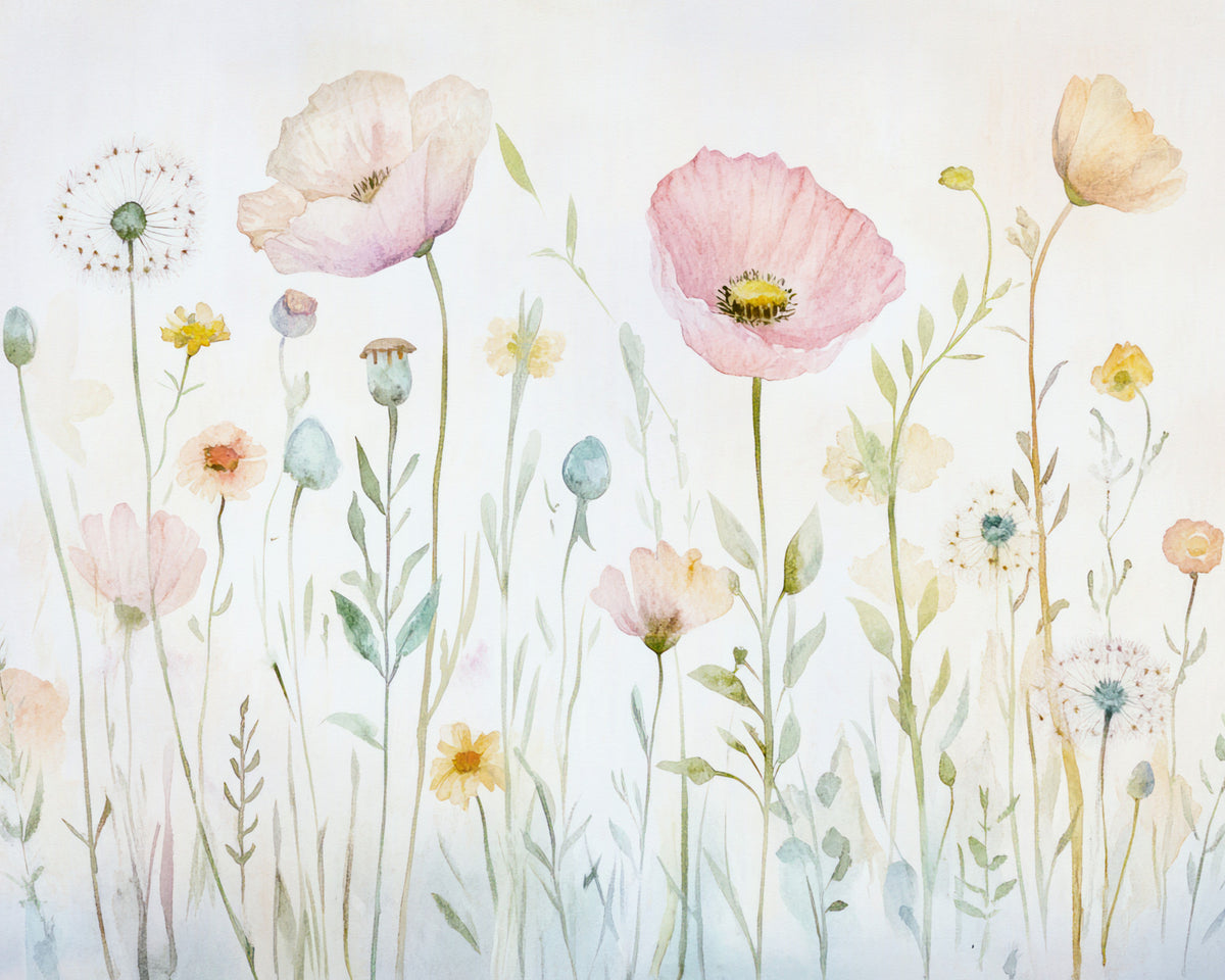 Scandinavian Watercolor Meadow Poppies with Gentle Wildflowers Wall Mural