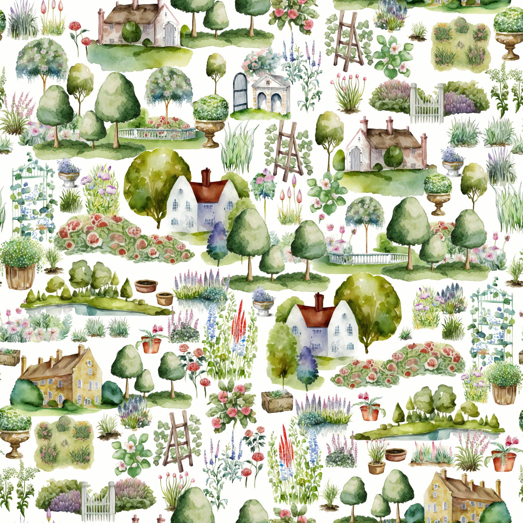 British Watercolor Countryside Cottage Garden Village Scene Wall Mural