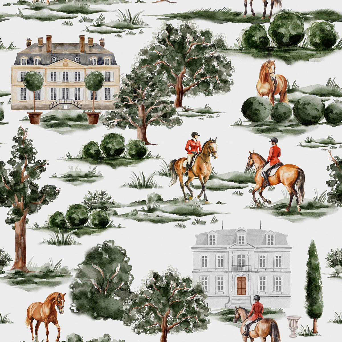 Equestrian riders with horses and British country manor Wallpaper⁠ in your room — zoomed