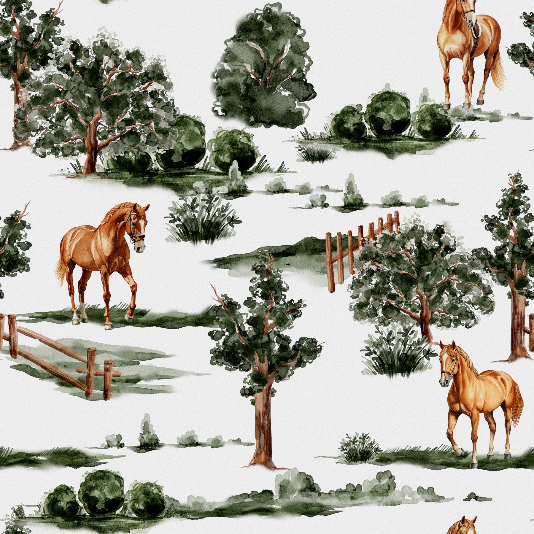 British countryside horses grazing among trees and fences Wallpaper⁠