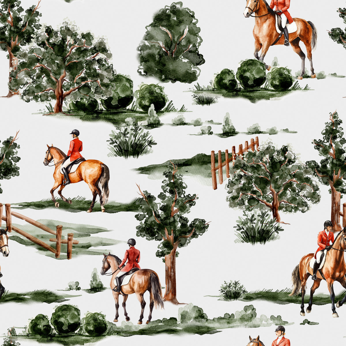British hunting riders on horseback in lush countryside Wallpaper⁠