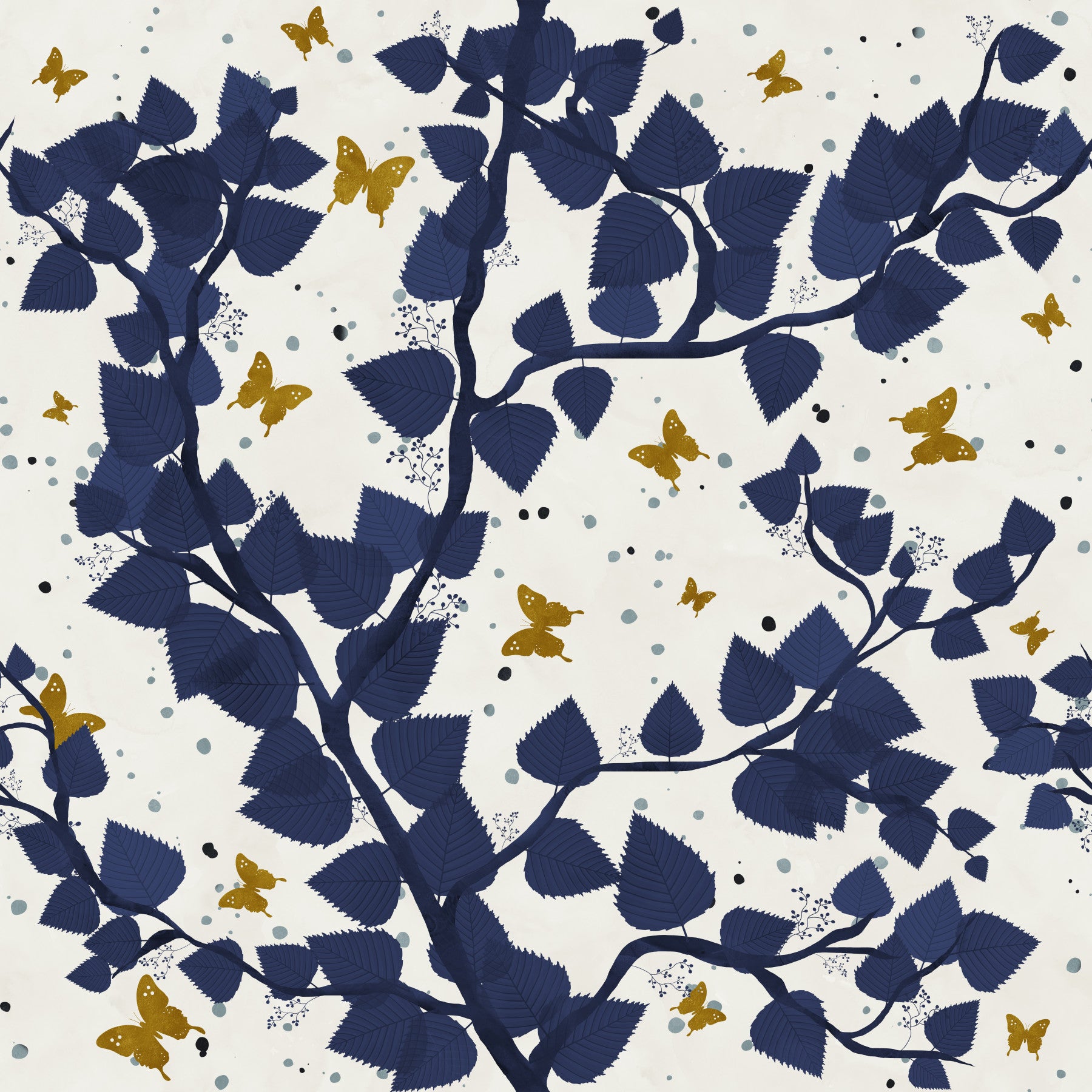 Gold and Deep Blue Butterflies Tree Wallpaper⁠