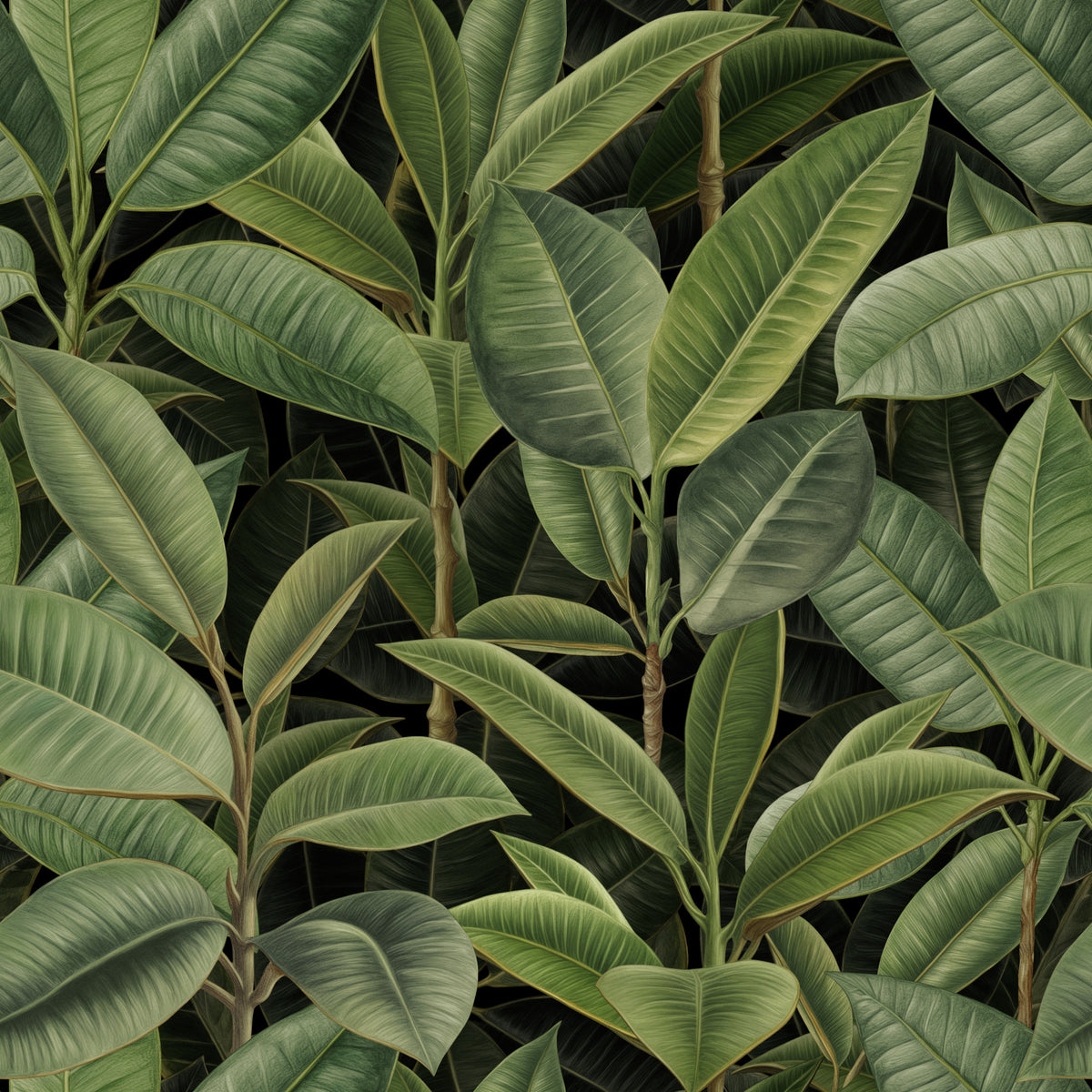 Lush Green Rubber Tree Jungle Pattern Wallpaper⁠
