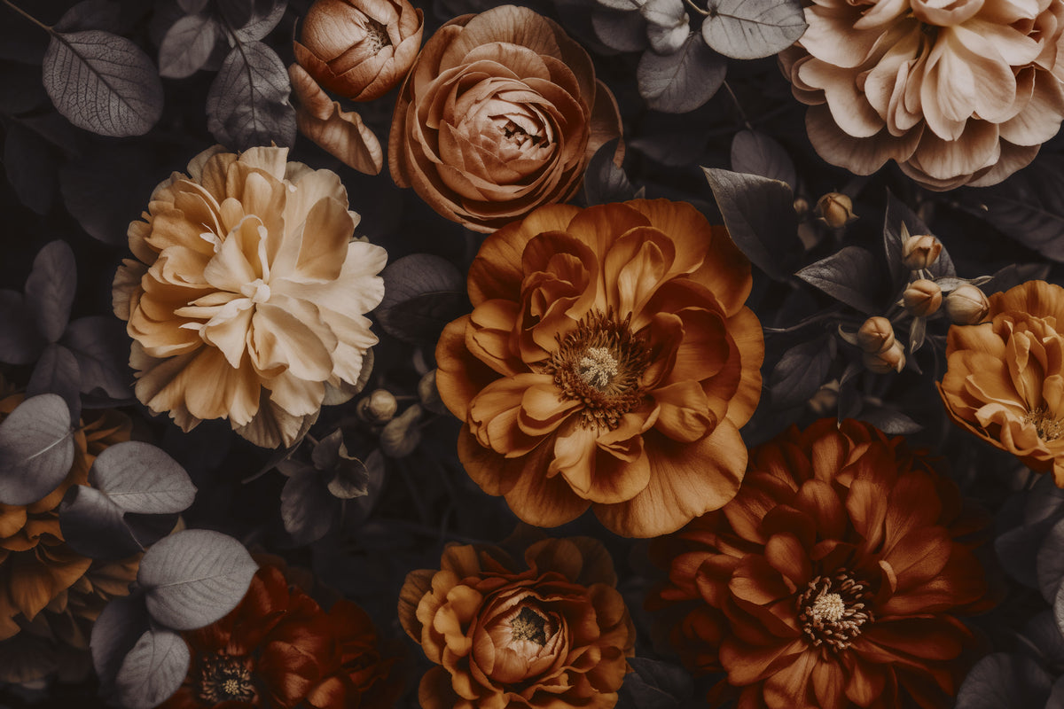 Rich Earthy Amber Autumn Blossoms Wall Mural in your room — zoomed