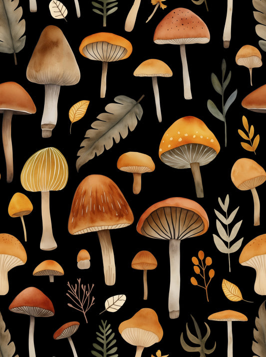 Autumn Mushrooms Forest Whimsy Watercolor Pattern Black Wallpaper⁠