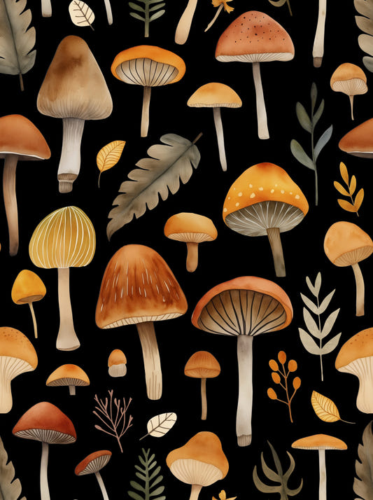 Autumn Mushroom Forest Whimsy Watercolor Pattern Black Wallpaper⁠