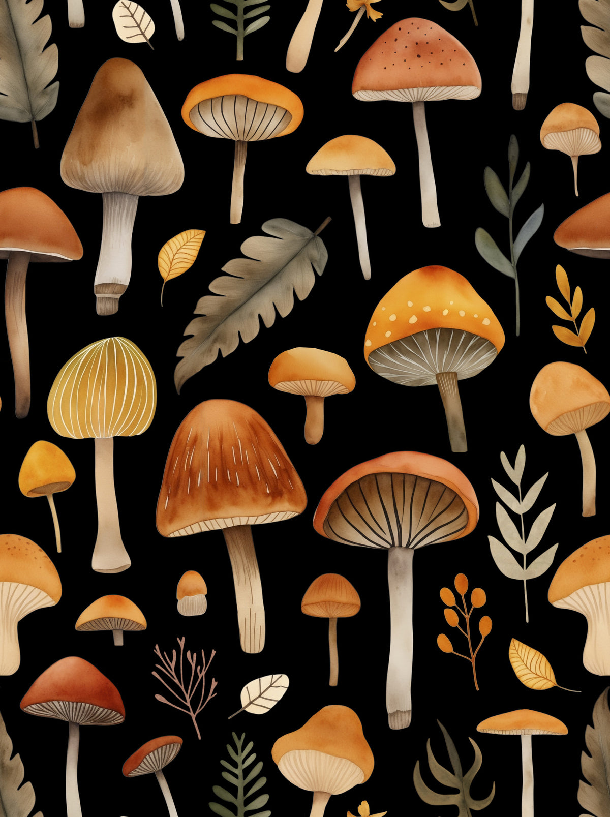 Autumn Mushroom Forest Whimsy Watercolor Pattern Black Wallpaper⁠