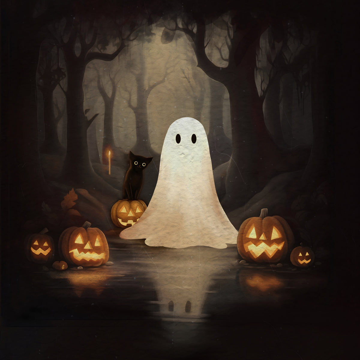 Ghost and Black Cat Wall Mural in your room — zoomed