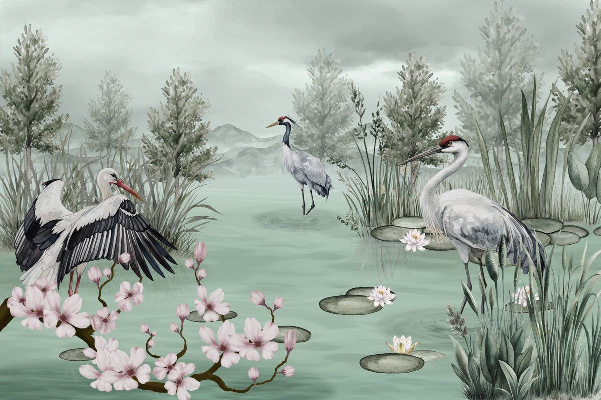 Still Waters Crane & Bloom Wall Mural
