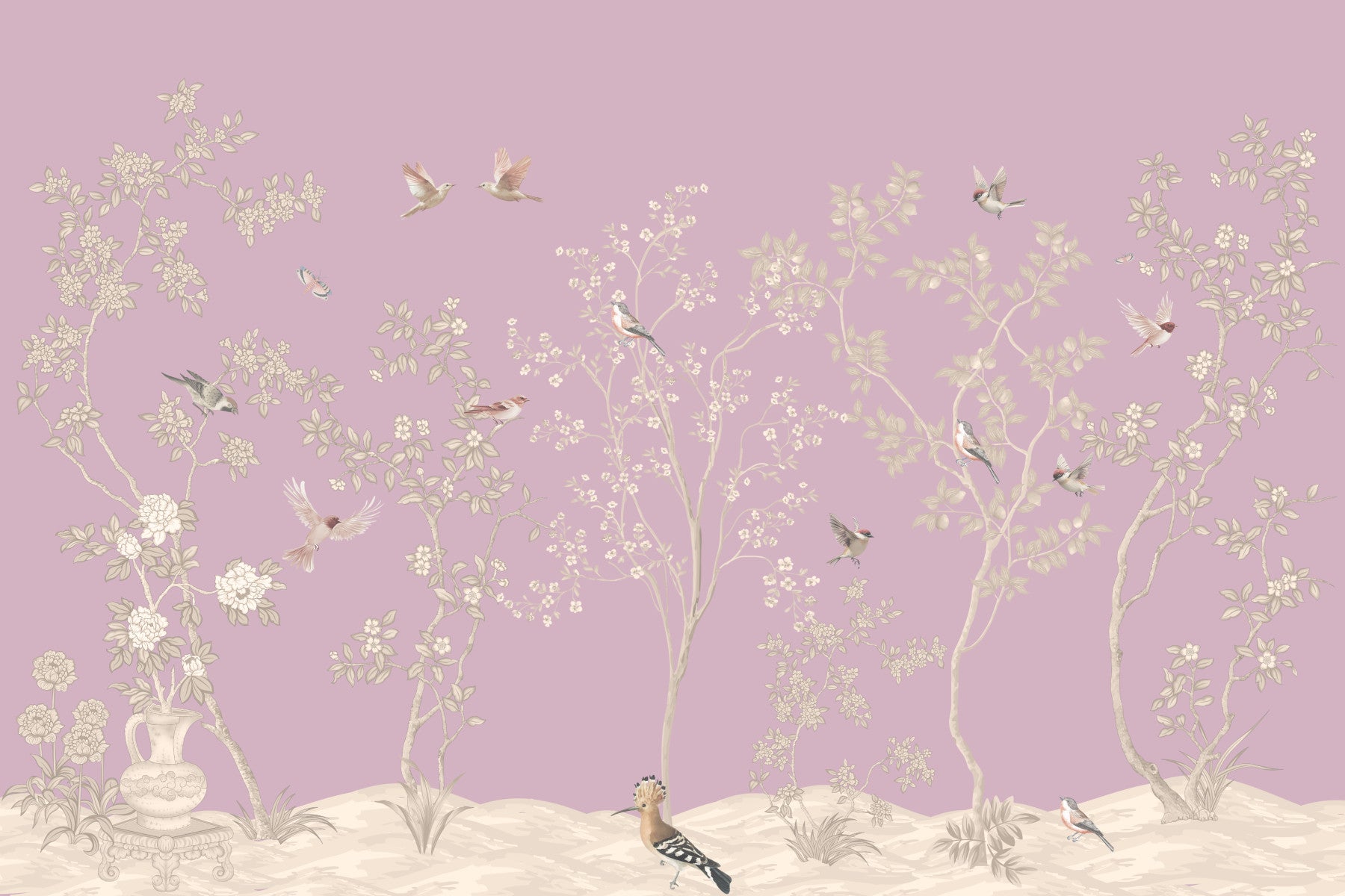 Birds & Bloom on Mauve Wall Mural