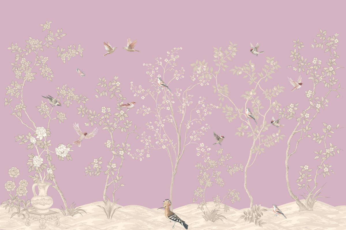 Birds & Bloom on Mauve Wall Mural in your room — zoomed