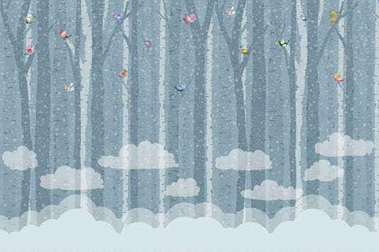 Birch & Birds in Blue Wall Mural