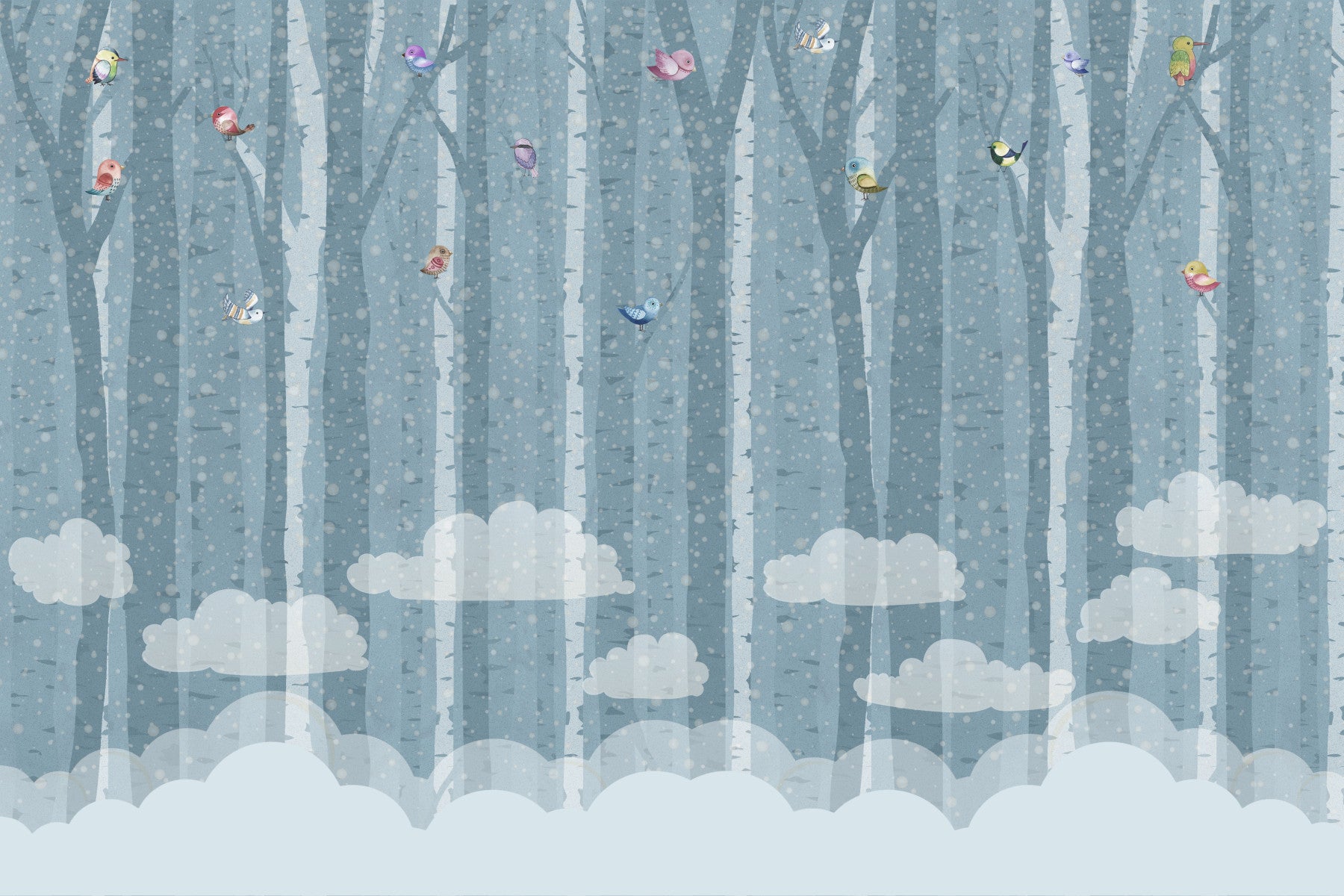 Birch & Birds in Blue Wall Mural