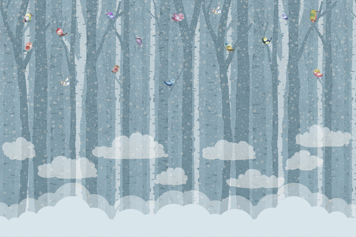 Birch & Birds in Blue Wall Mural in your room — zoomed