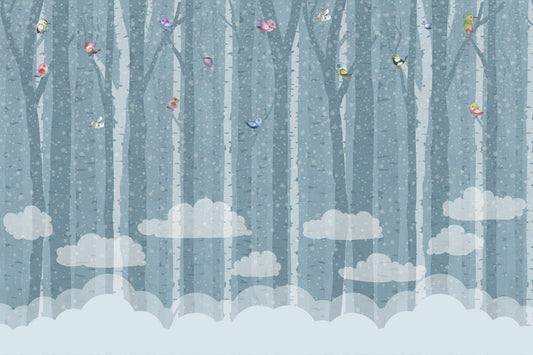 Birch & Birds in Blue Wall Mural