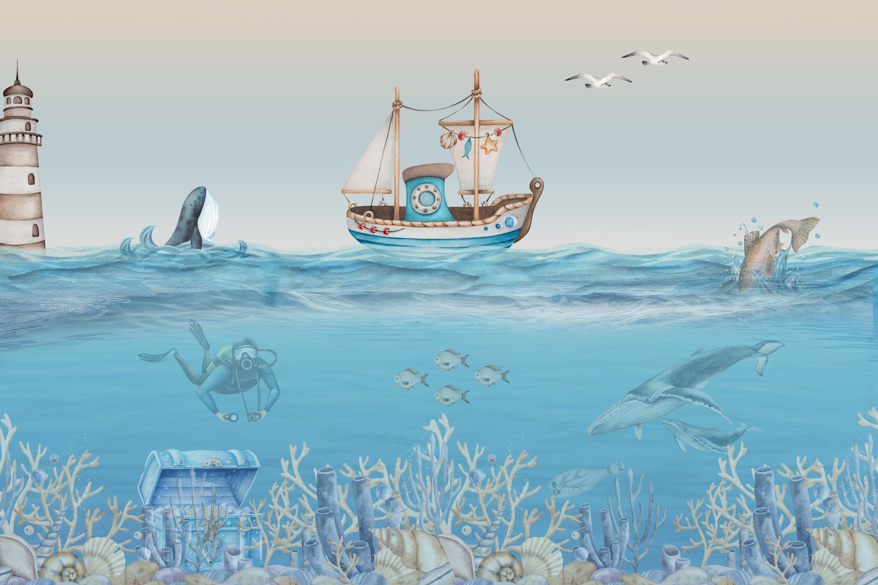 Watercolor Sea Adventure Wall Mural