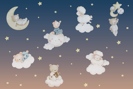 Moonlit Slumber Party Bears and Sheep Wall Mural