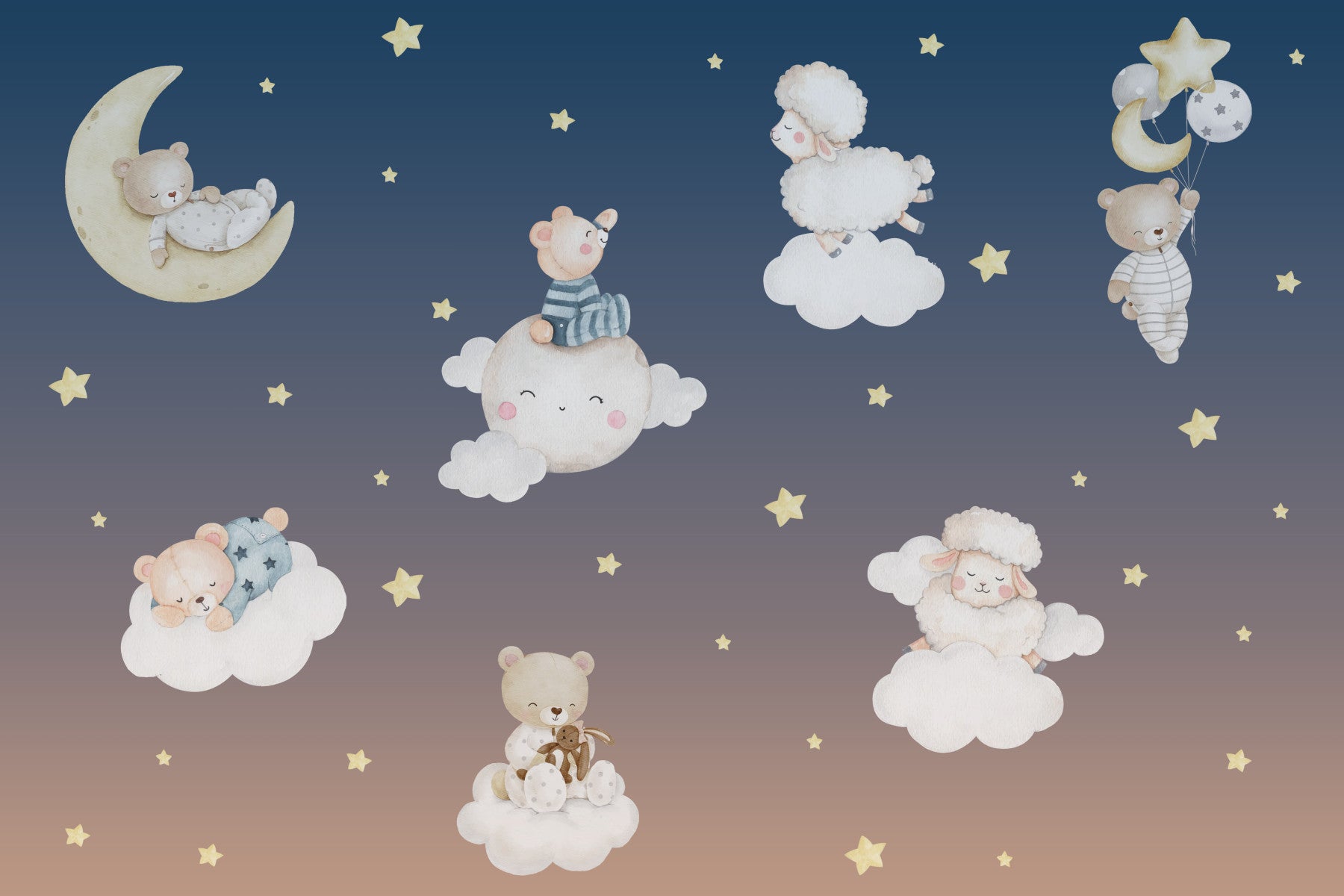 Moonlit Slumber Party Bears and Sheep Wall Mural