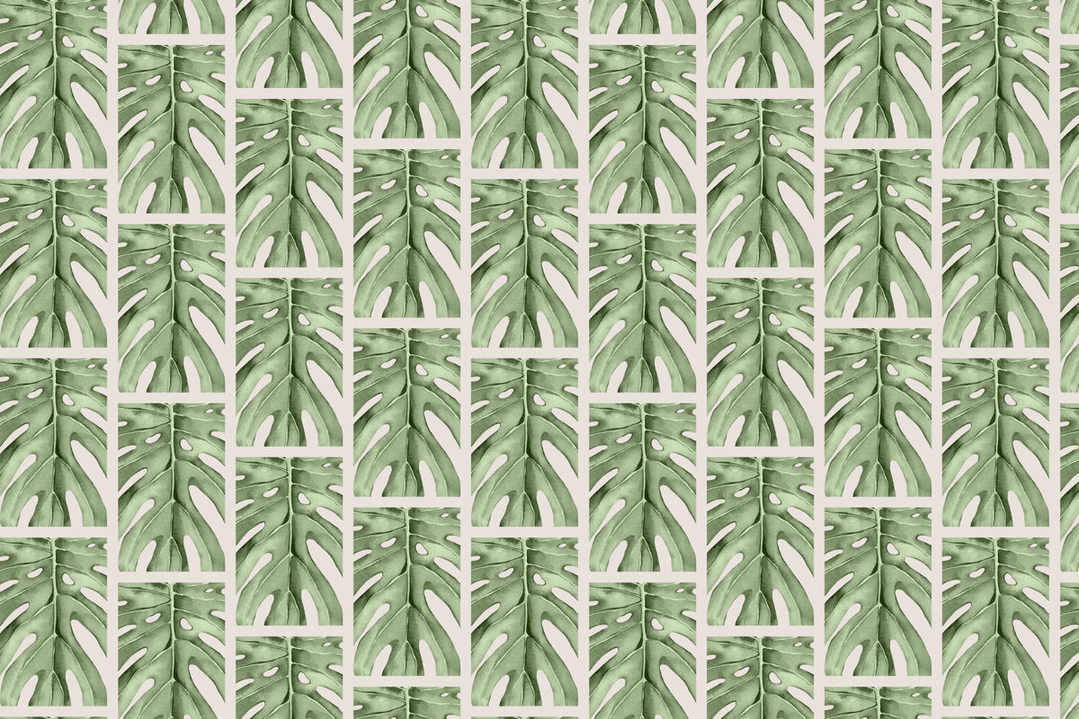 Green Monstera Squares Wall Mural