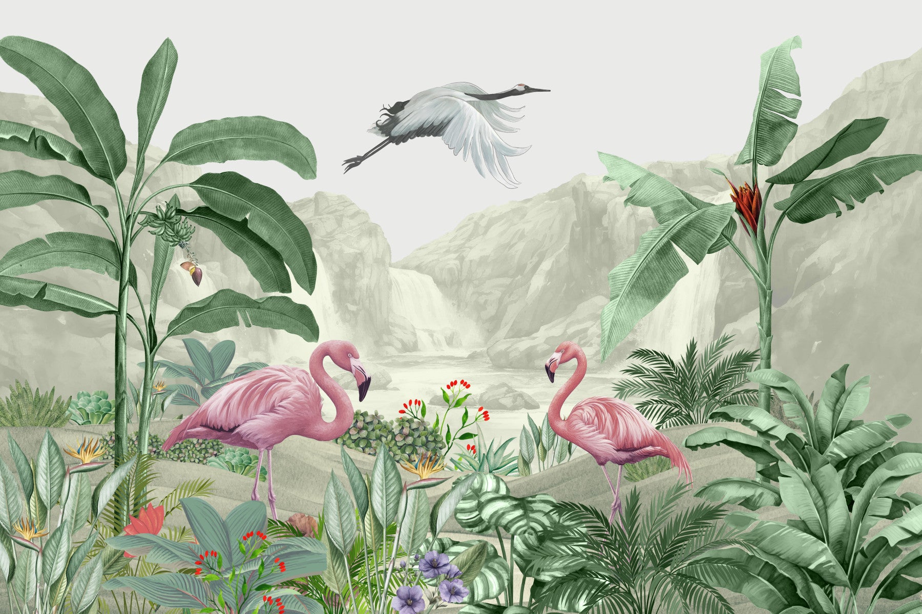 Flamingo Waterfall Dream Wall Mural