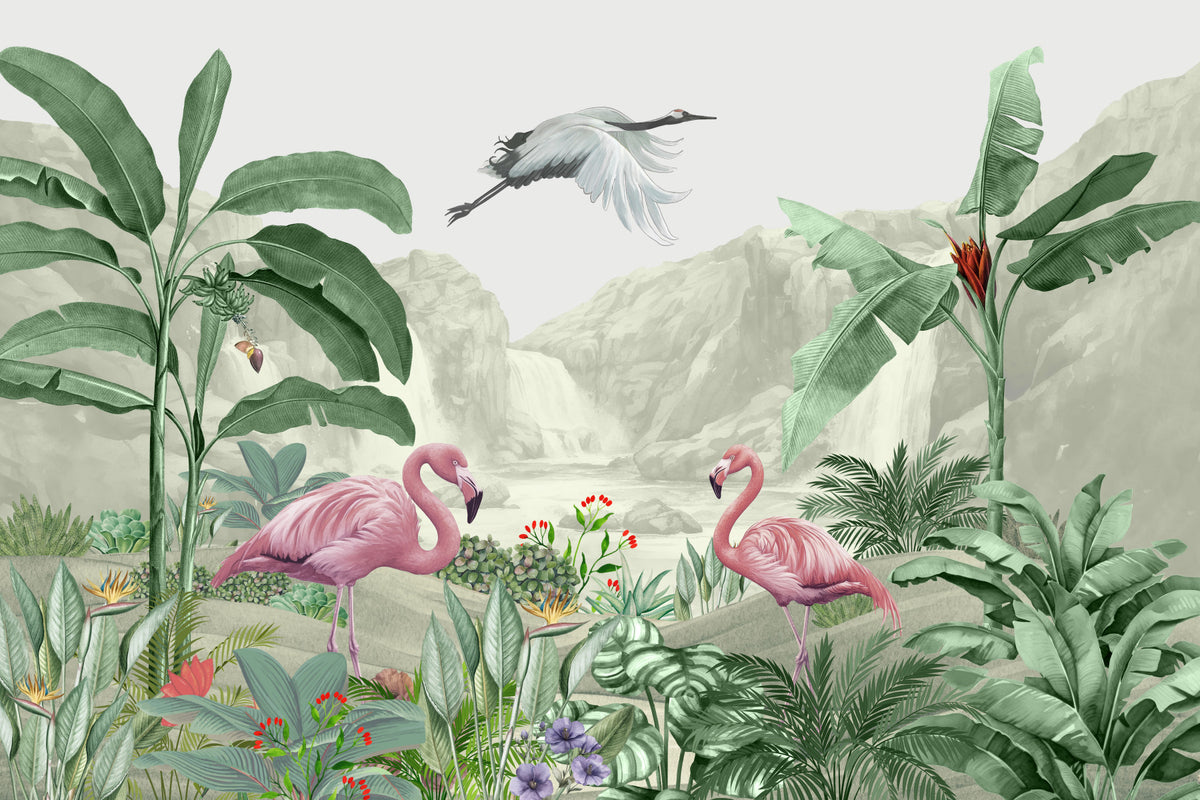 Flamingo Waterfall Dream Wall Mural in your room — zoomed