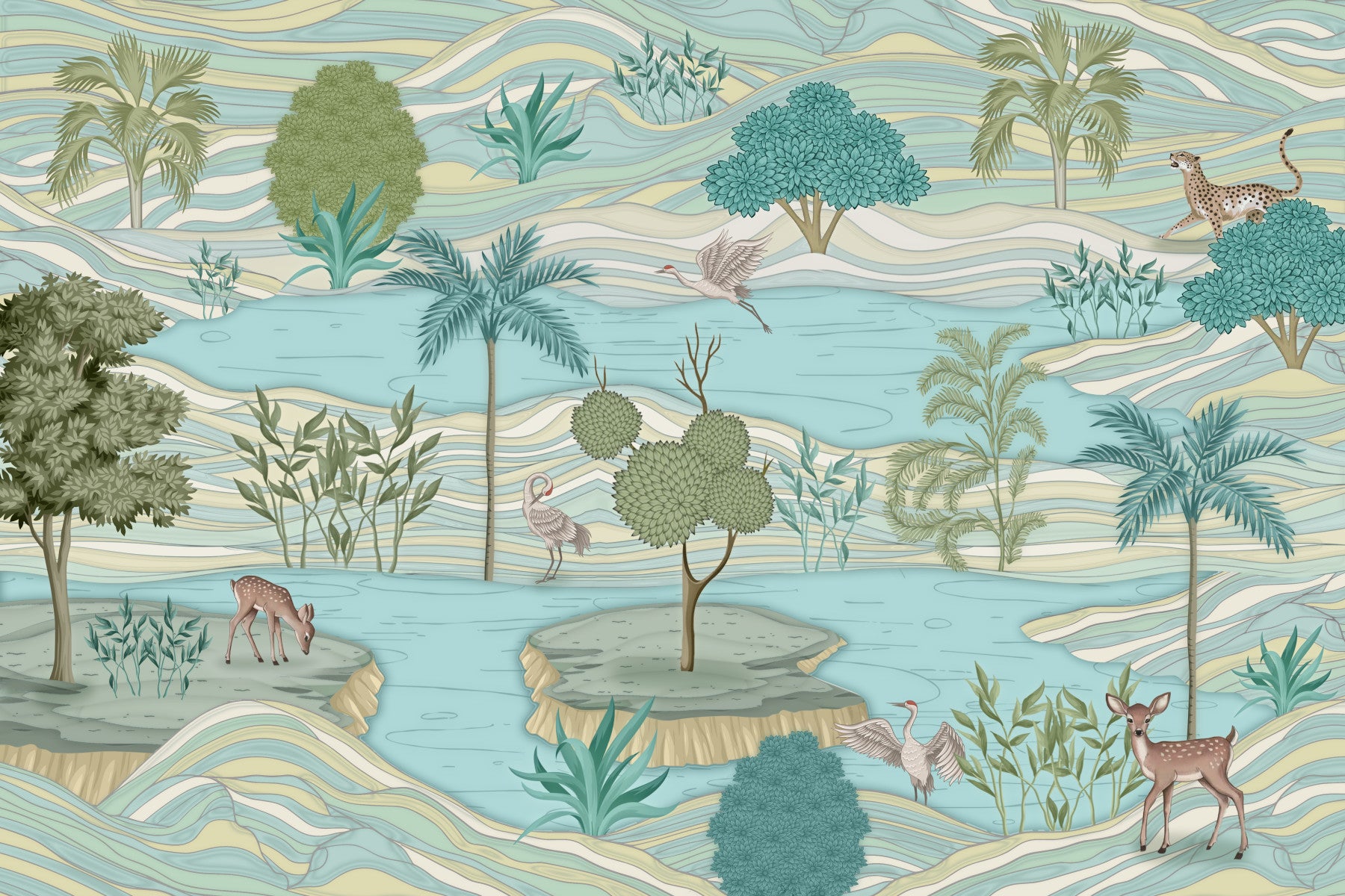Whimsical Lake & Wildlife Wall Mural