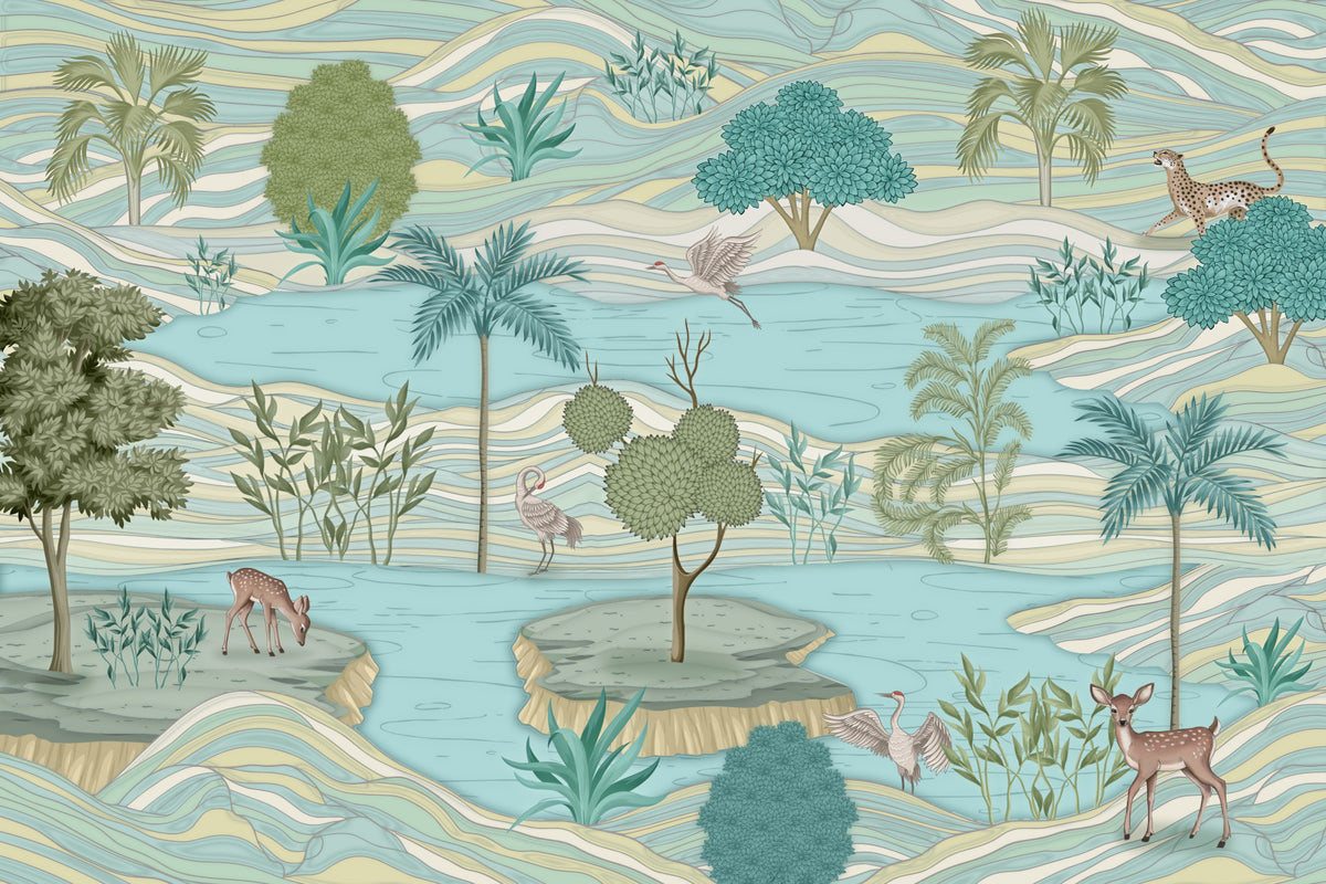 Whimsical Lake & Wildlife Wall Mural in your room — zoomed