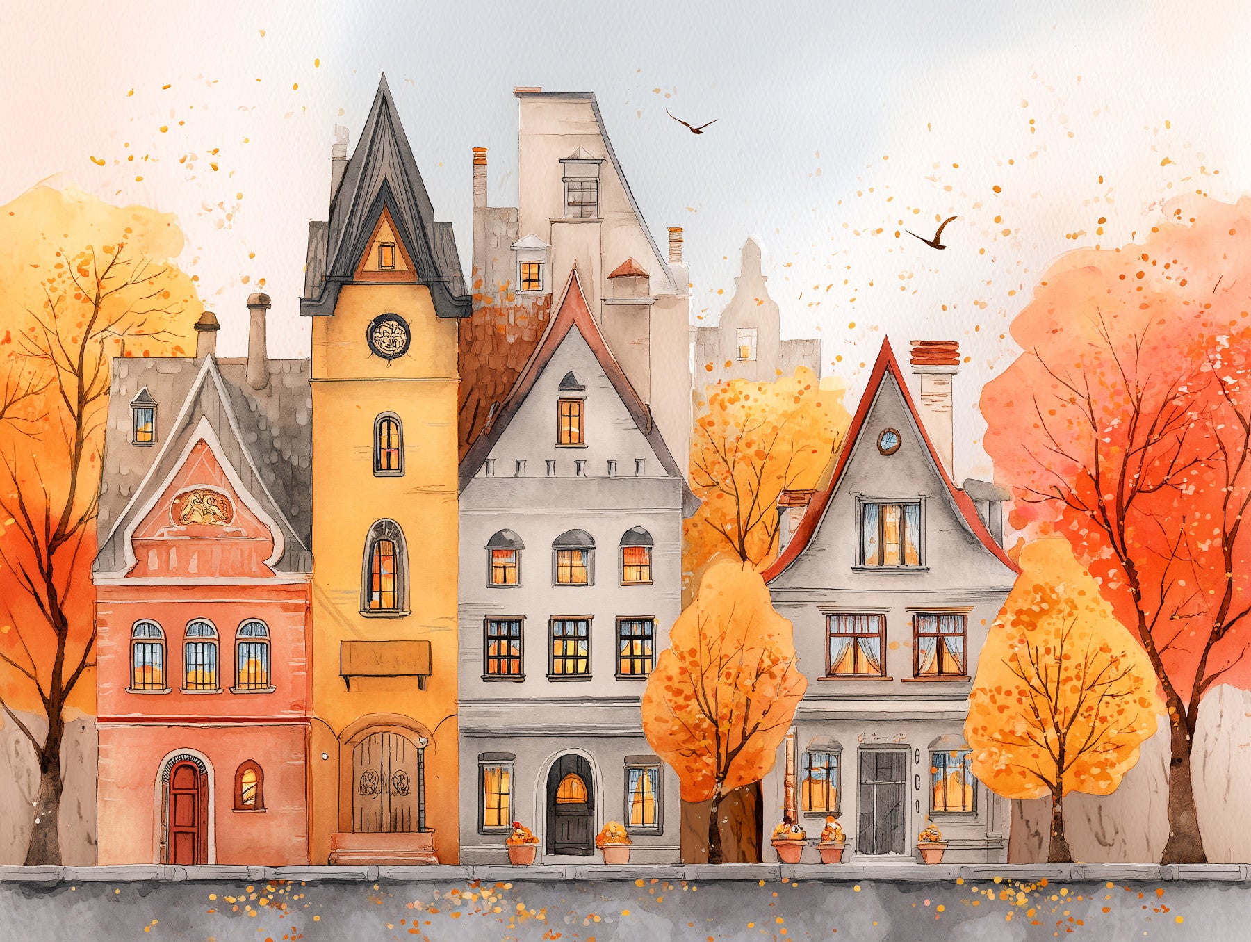 Autumn Town Watercolor Wall Mural