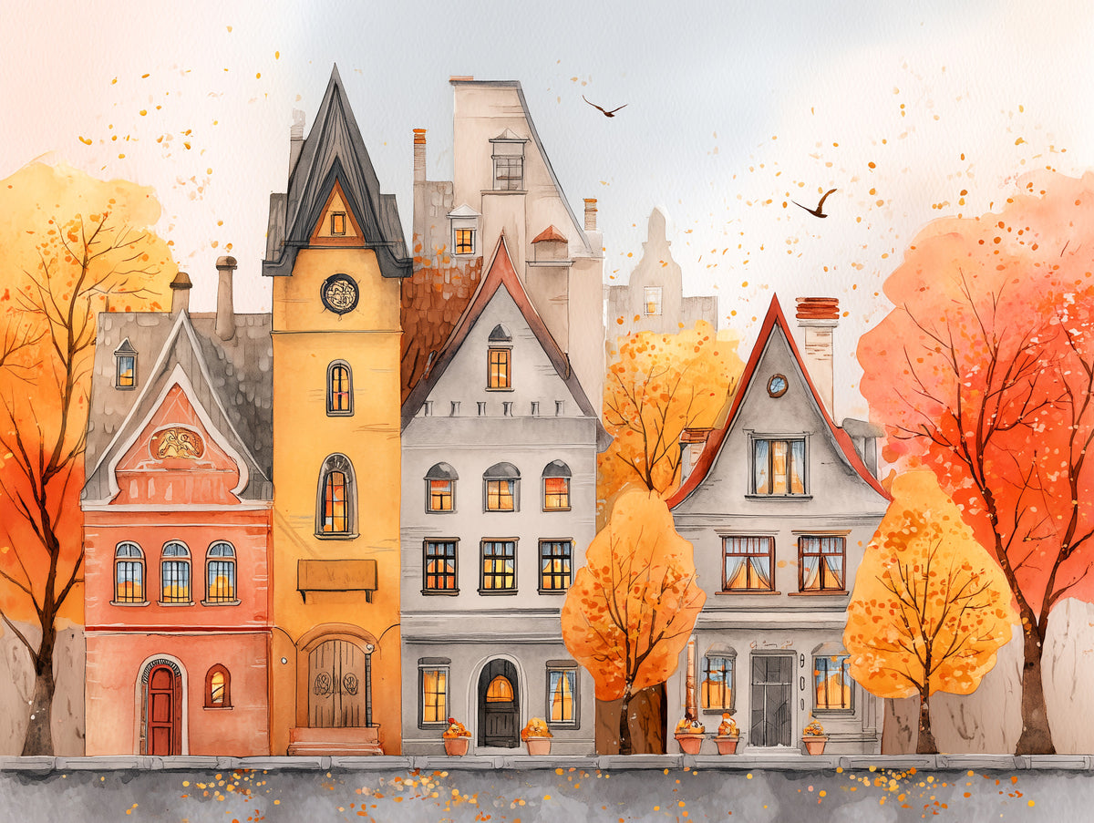 Autumn Town Watercolor Wall Mural in your room — zoomed
