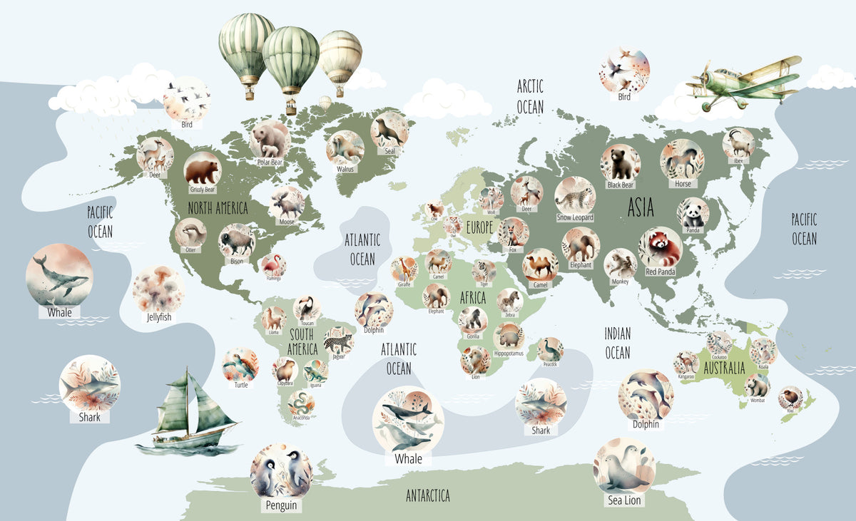 Adventure Wildlife Map  Wall Mural in your room — zoomed