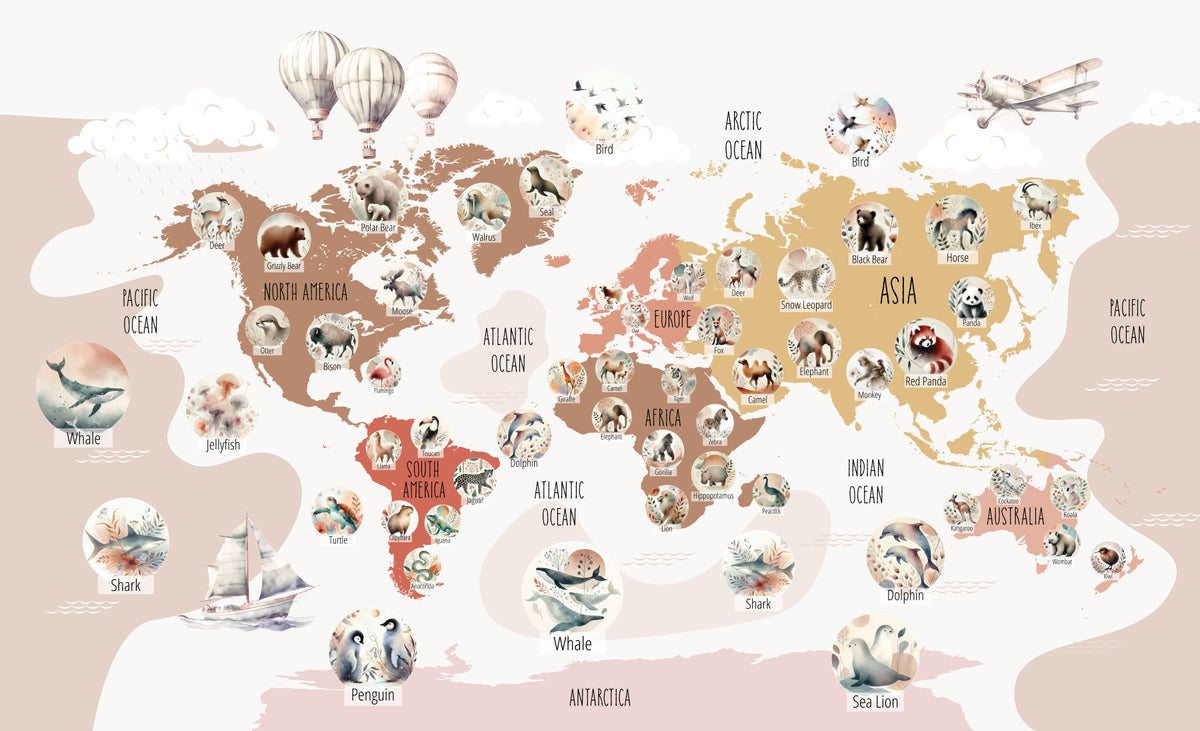 Boho Wildlife Map Wall Mural