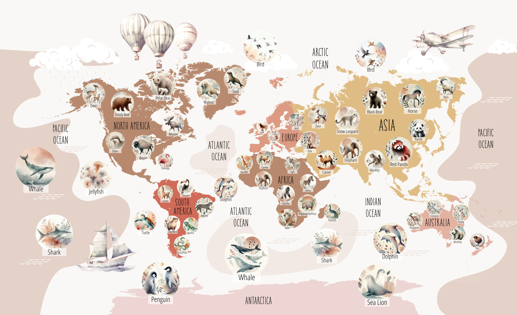 Boho Wildlife Map Wall Mural