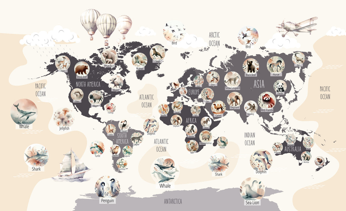 Chic Wildlife World Map Wall Mural in your room — zoomed