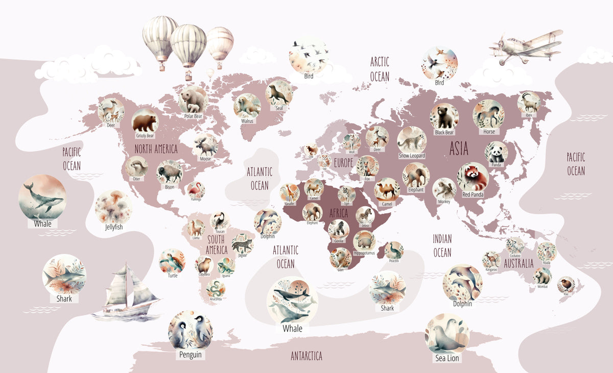 Delightful Wildlife World Map Wall Mural