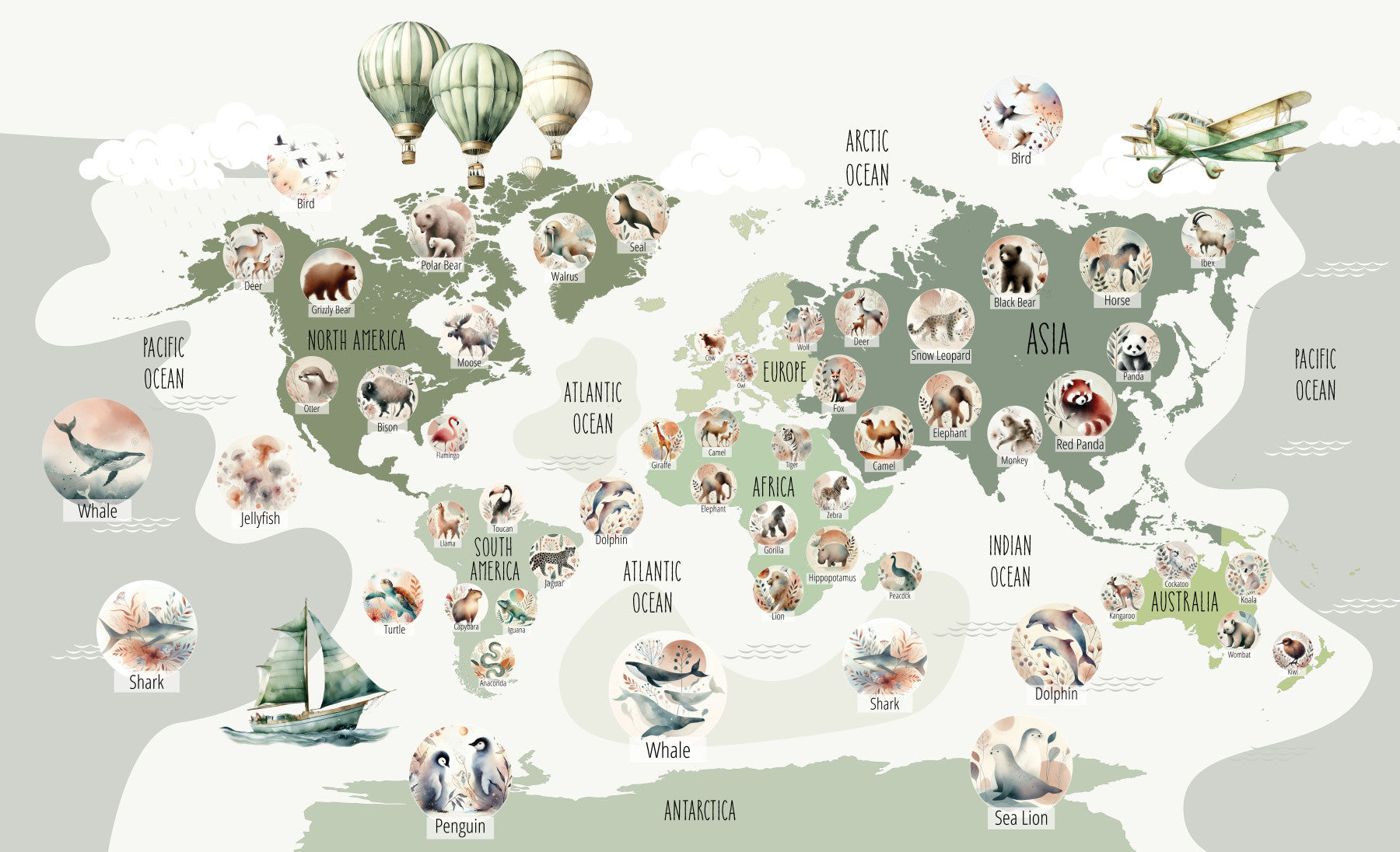 Green Globetrotter's World Map Wall Mural