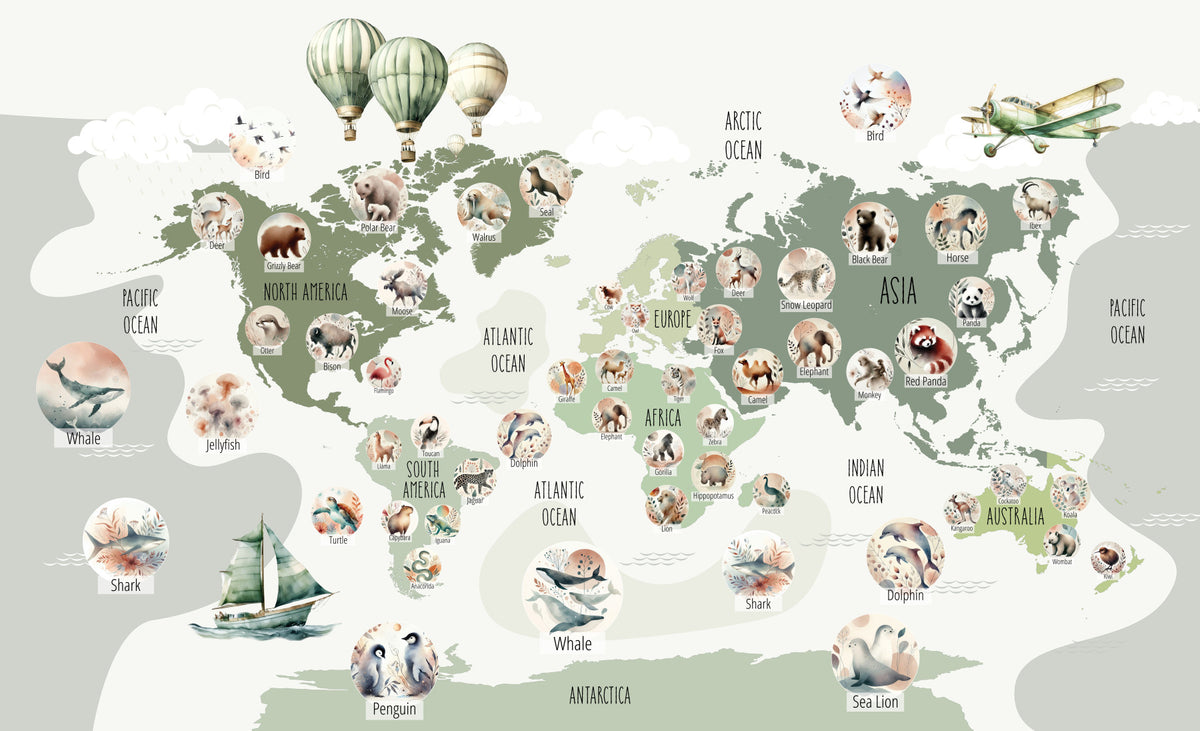 Green Globetrotter's World Map Wall Mural in your room — zoomed
