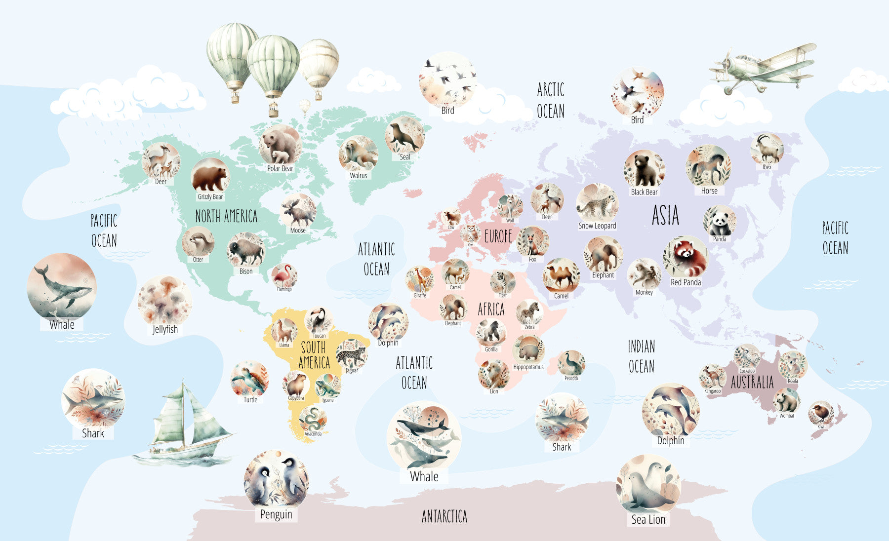 Pastel Wildlife World Map Wall Mural