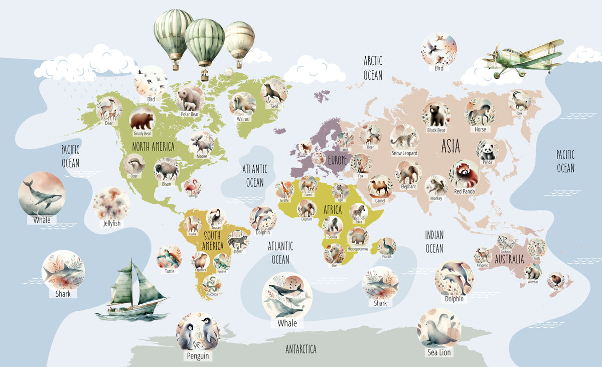 Whimsical Animal World Map Wall Mural in your room — zoomed