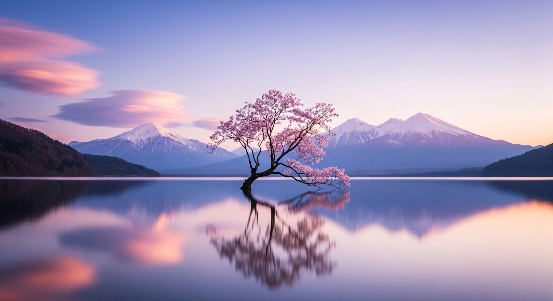 Blossom Mirror Tranquil Mountain Reflection Wall Mural