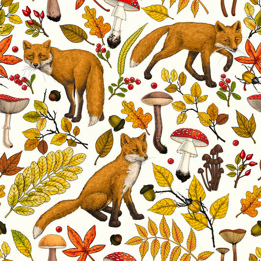 Autumn foxes on natural white Wallpaper⁠