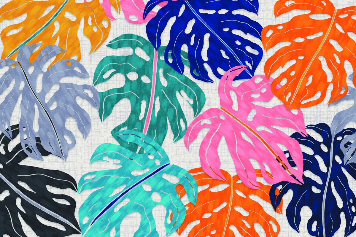 Colorful Bold Monstera Leaves Wall Mural in your room — zoomed