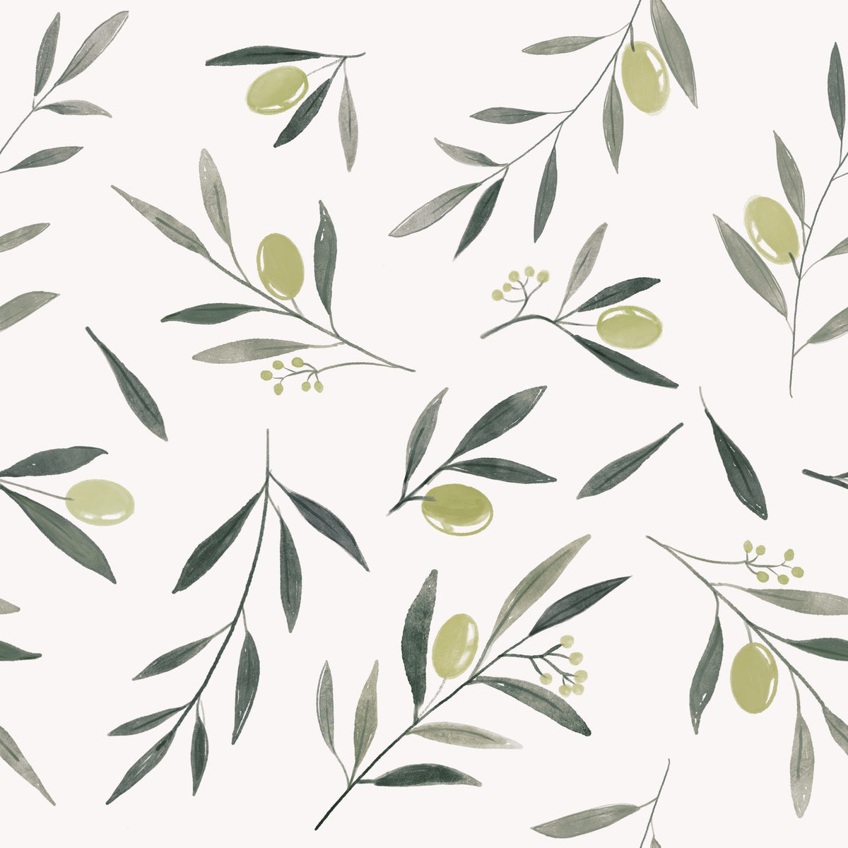 Watercolor Olive Garden Leaves and Fruit Wallpaper⁠ in your room — zoomed