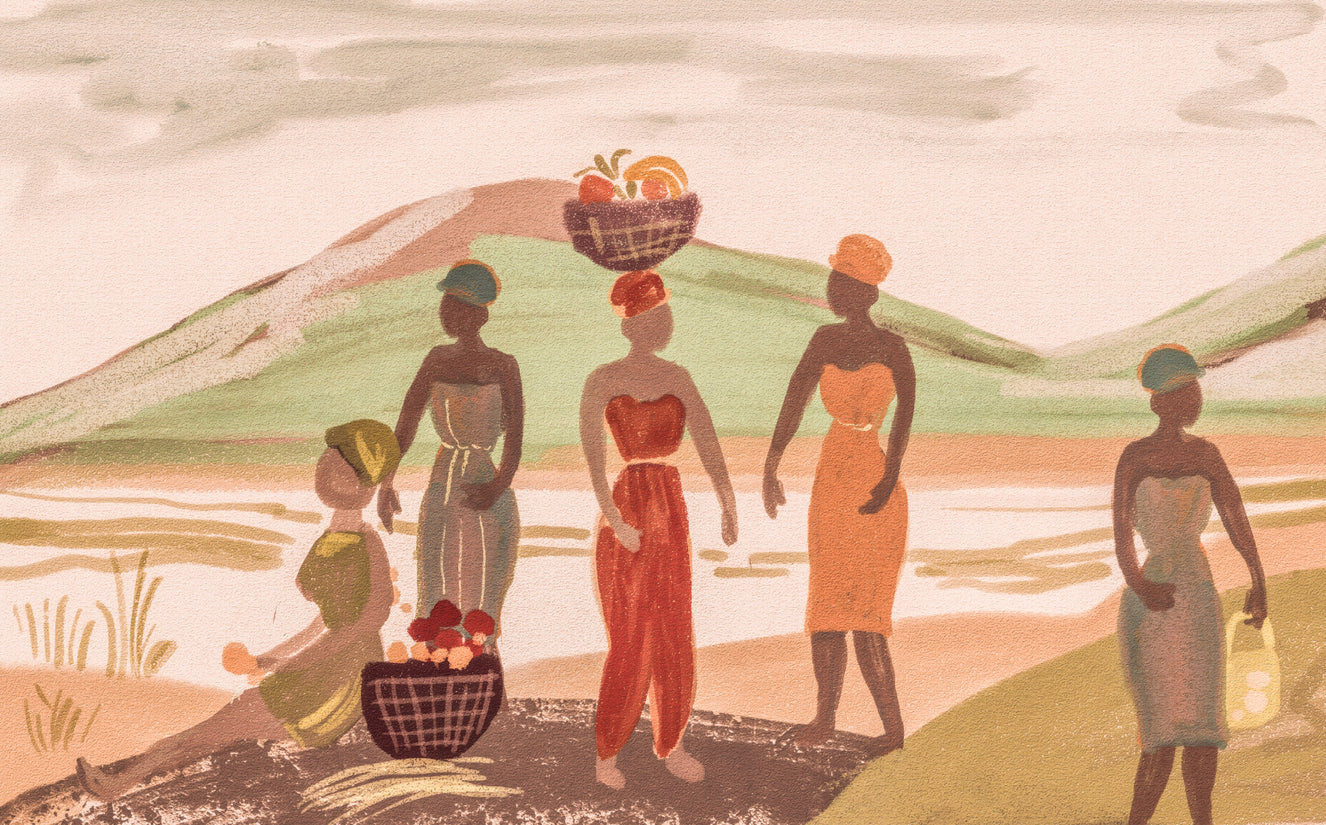 Echoes of the Motherland Graceful African Women in Vibrant Traditional Attire Bearing the Harvest of Joy Wall Mural