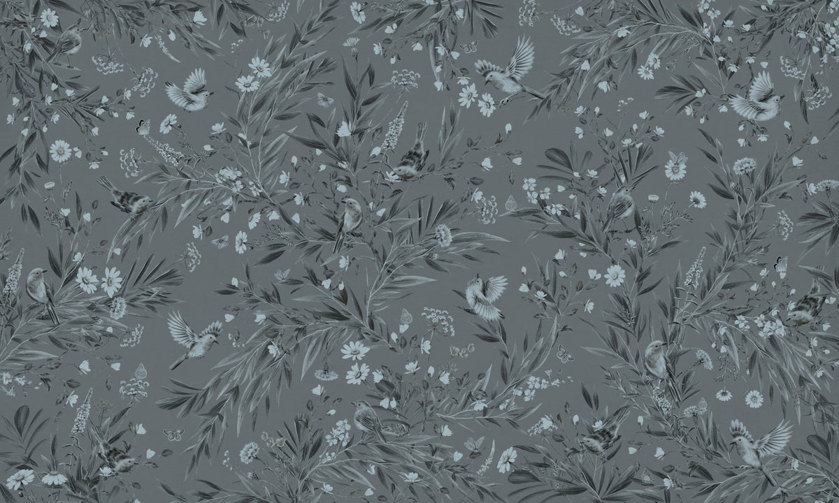 Grey Floral Aviary Wall Mural