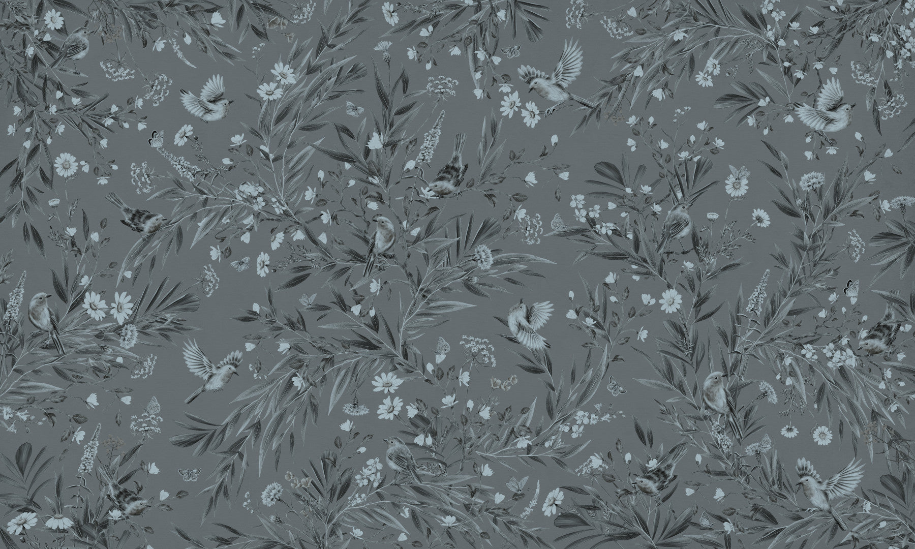 Grey Floral Aviary Wall Mural in your room — zoomed