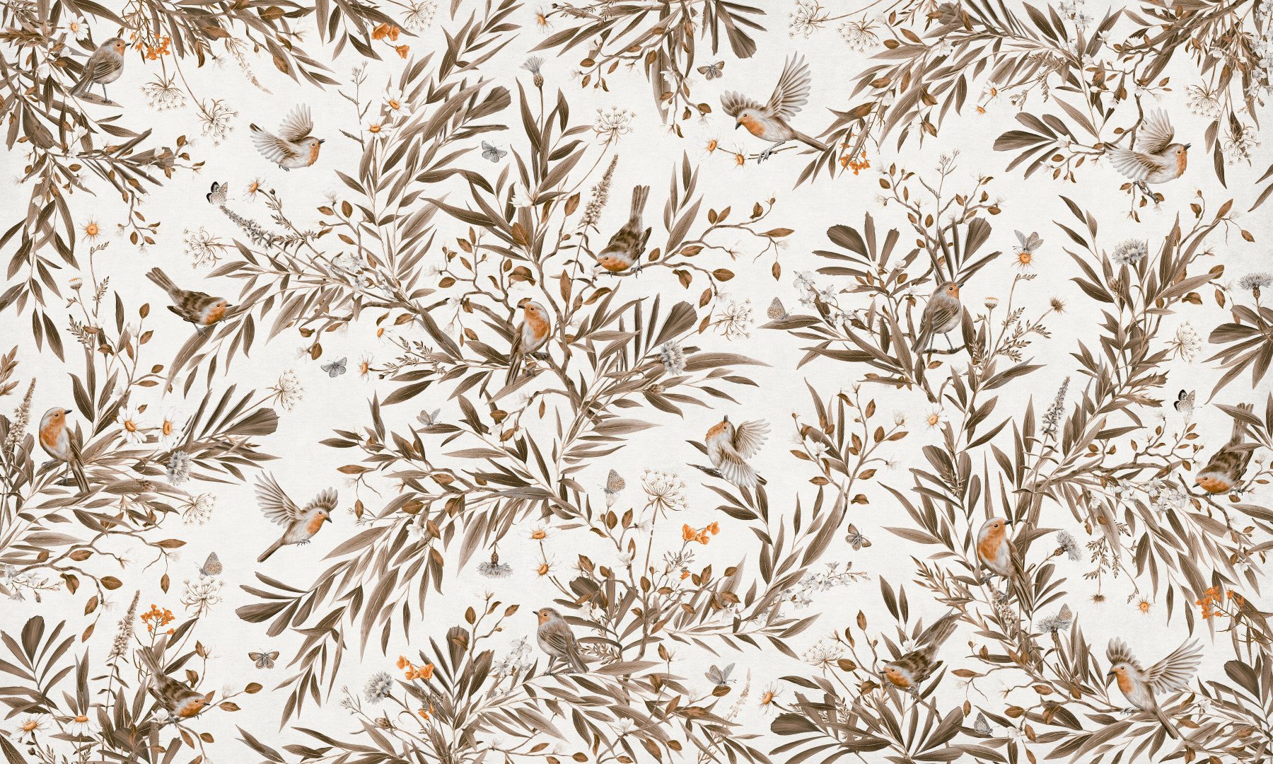 Birds & Blooms Sepia Serenity Wall Mural in your room — zoomed