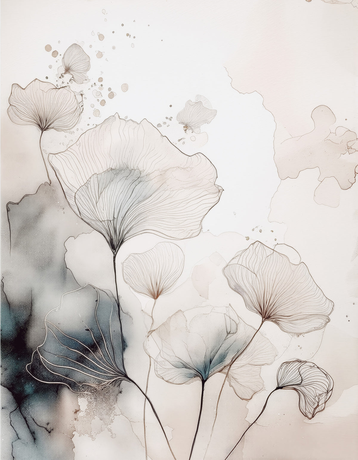 Fine Ink Wash Flowers Wall Mural