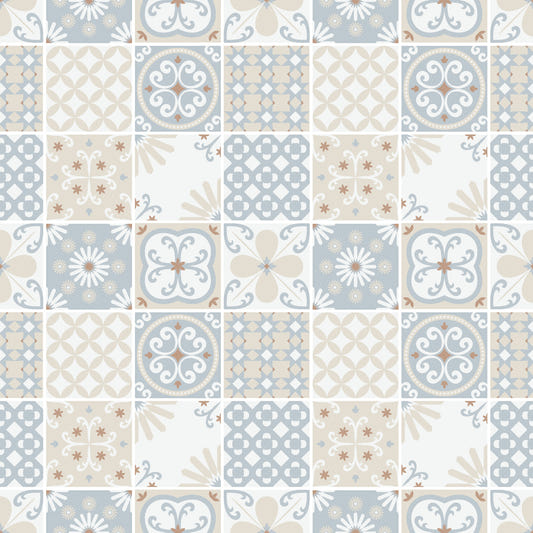 Vintage Folk Tiles – Blue Breeze Wallpaper⁠